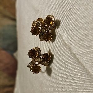 Vintage Amber Citrine Rhinestone w/Faux Pearls Screw Back Earrings